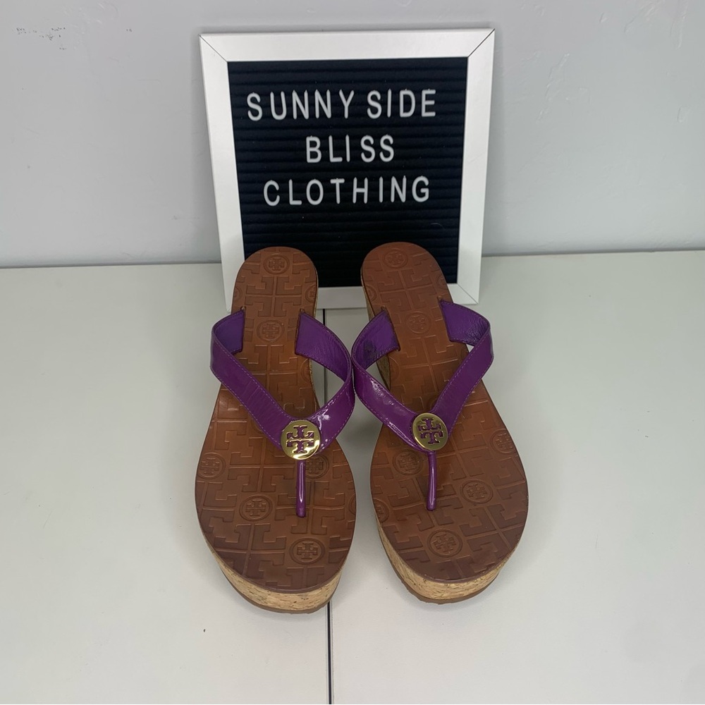 Tory Burch Thora Purple Cork Platform Wedge Thong Sandals Women’s 7.5